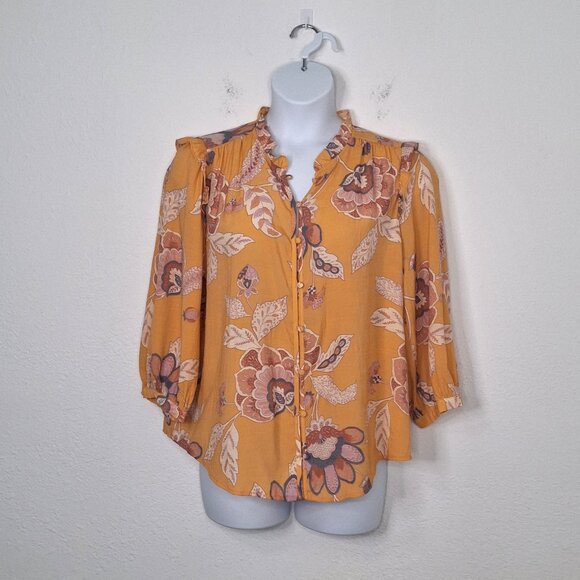 Lauren Conrad Floral Blouse Sz XXL Button Front Puff Sleeves Boho Cottagecore - Picture 1 of 14